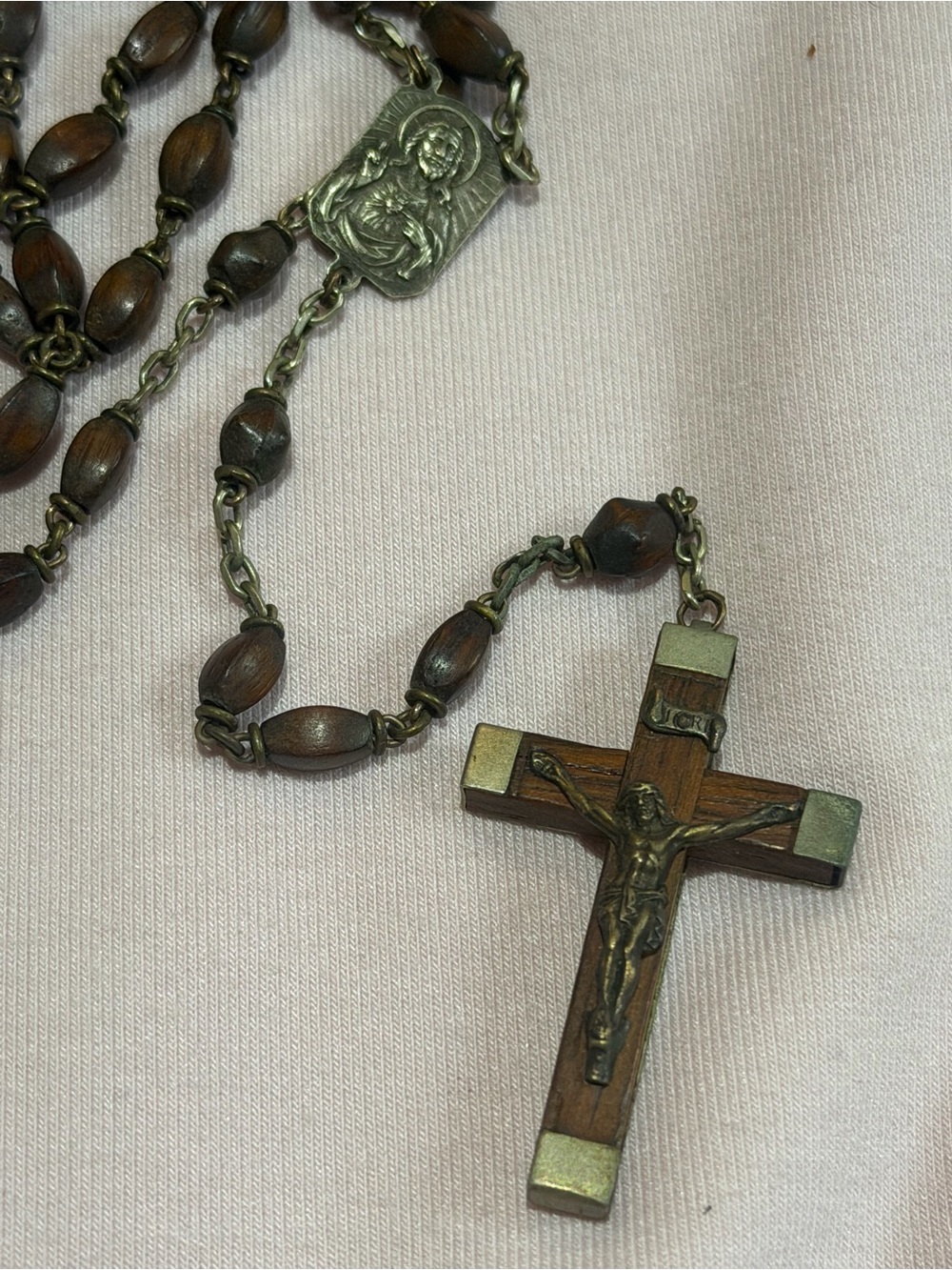 Vintage French Wood Bead Rosary Necklace